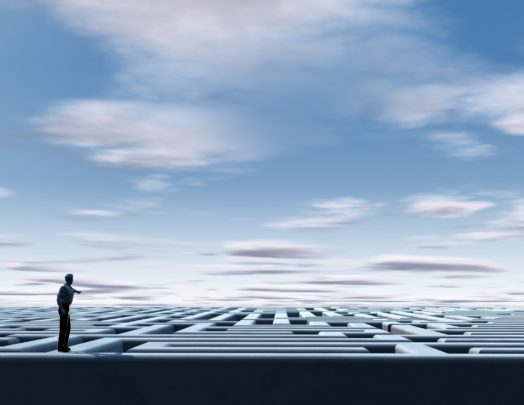 vision 3d concept with maze and person pointing up